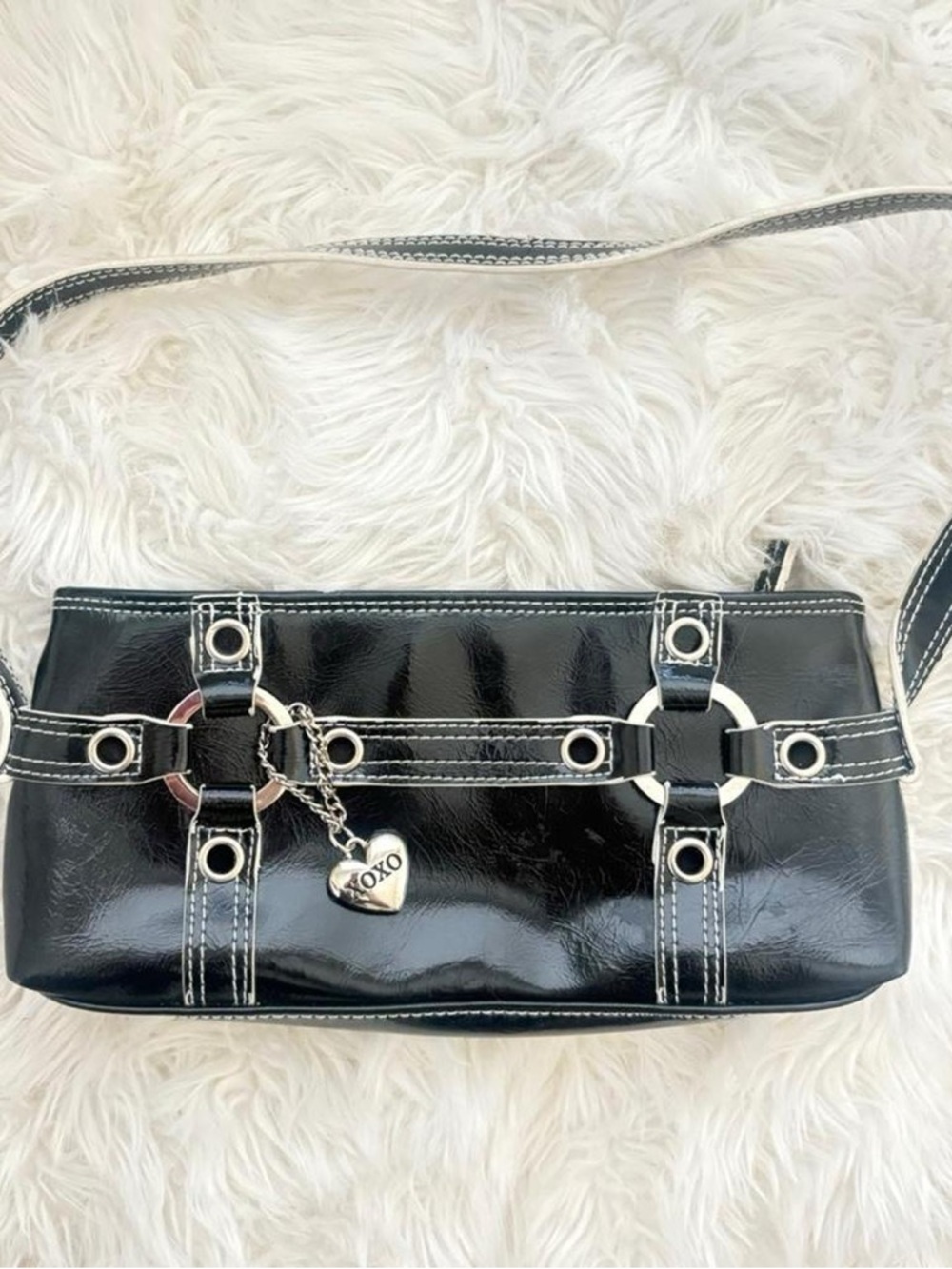 XOXO Black Patent Shoulder Bag with Silver Hardware and Heart Charm
